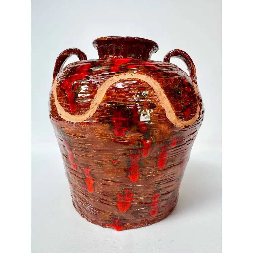 Vintage Studio Pottery Amphora Vase, Red Lava Glaze, Signed SL